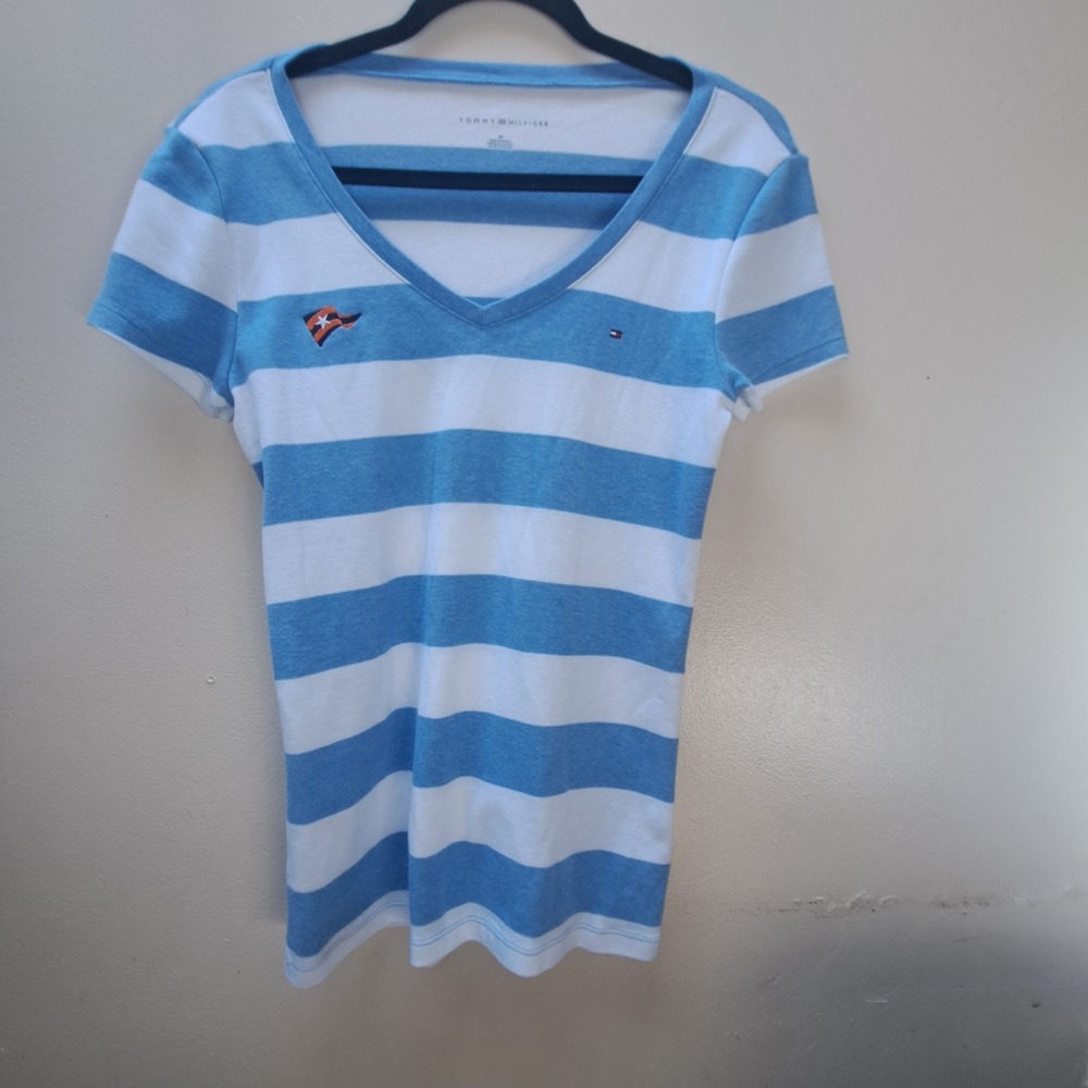 Tommy Hilfiger Womens V-Neck Striped T-Shirt Blue White Nautical Logo Size M